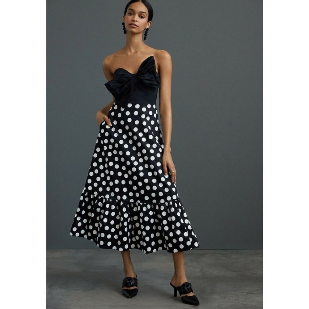 NEW Anthropologie Hutch Polka Dot Bow Tie Maxi Dress Black and White